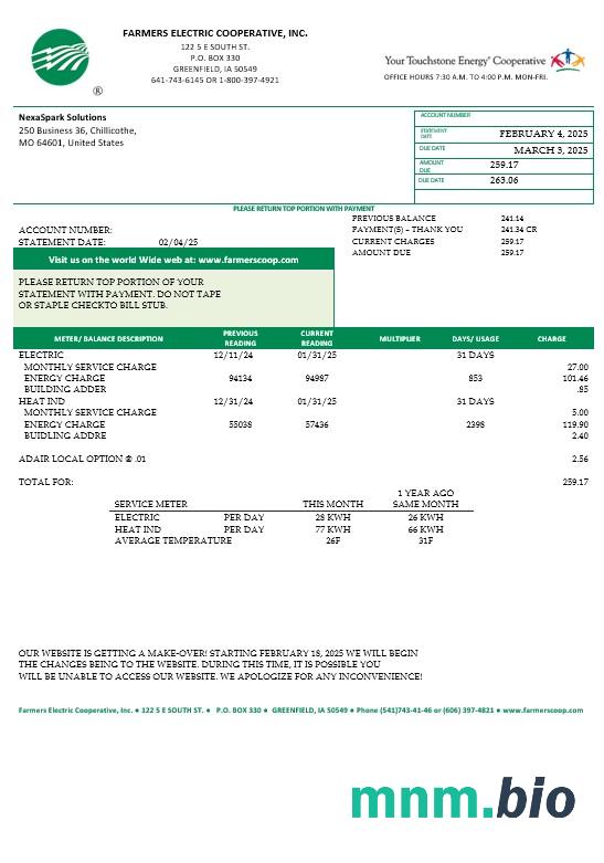 USA Ohio Farmers Electric Cooperative rachunek za usługi komunalne szablon w formacie Word i PDF, Wersja 2